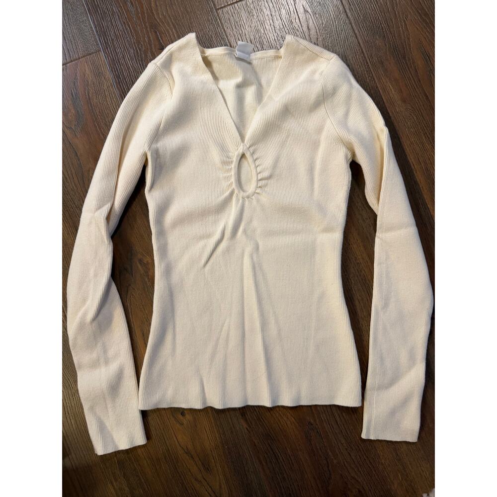 Melrose and Market Cream Ribbed Knit Keyhole Cutout Long Sleeve Top